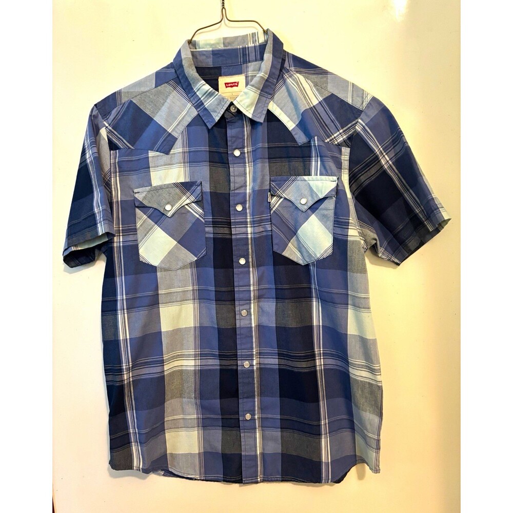 Levi's Men's L Short Sleeve Pearl Snap Shirt Blue Plaid Cotton Point Collar